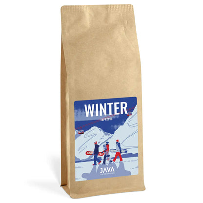 Packshot kawy JAVA Coffee Guatemala San Pedro La Laguna Winter Espresso 1kg w kraftowym opakowaniu z zimową ilustracją.