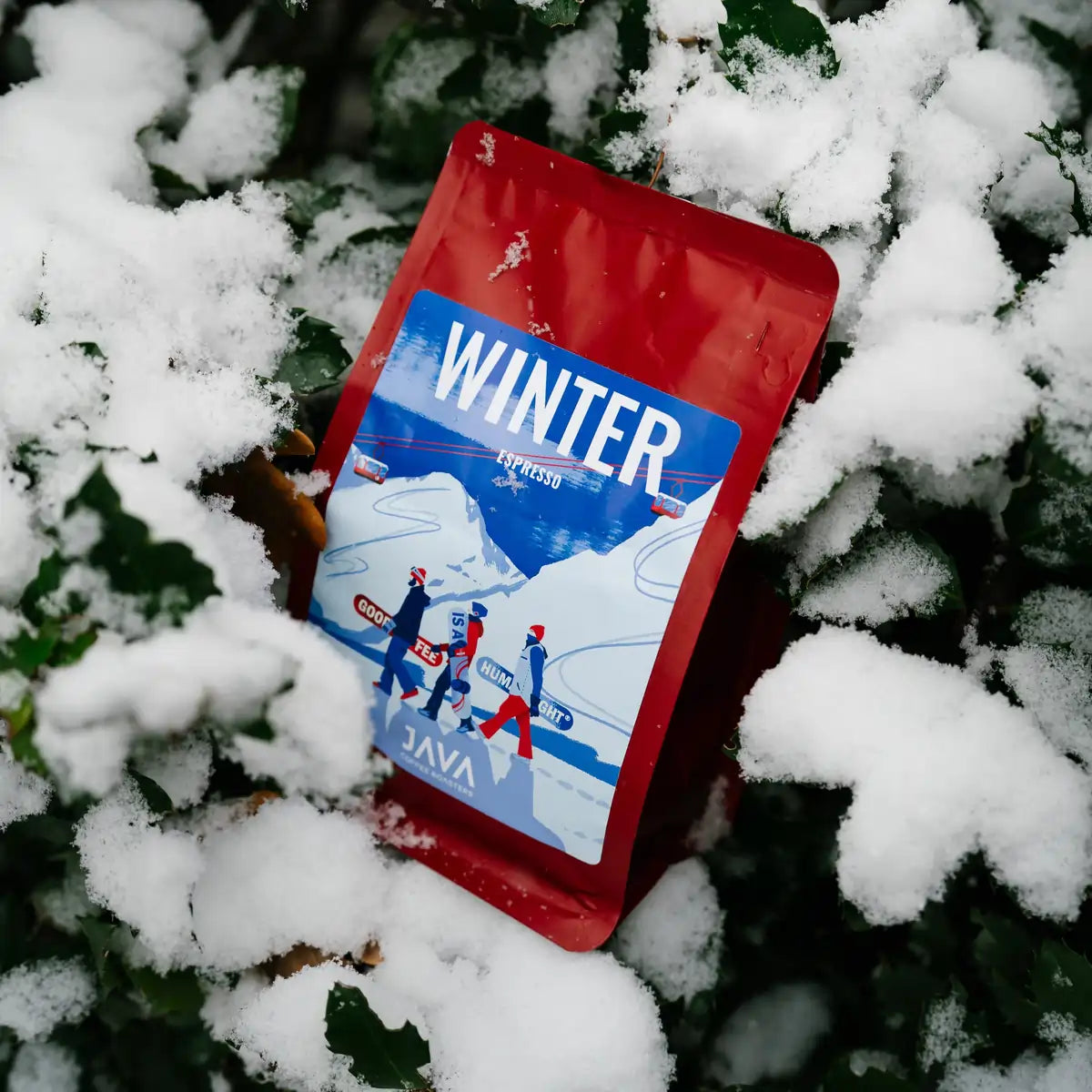 Czerwone opakowanie kawy JAVA Coffee Winter Espresso umieszczone w ośnieżonych gałęziach krzewu.