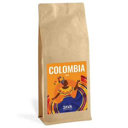 Kawa ziarnista Colombia Inza JAVA Coffee Roasters 1kg – kraftowe opakowanie z kolorową etykietą w odcieniach pomarańczowo-niebieskich, specialty arabica z regionu Inza w Kolumbii