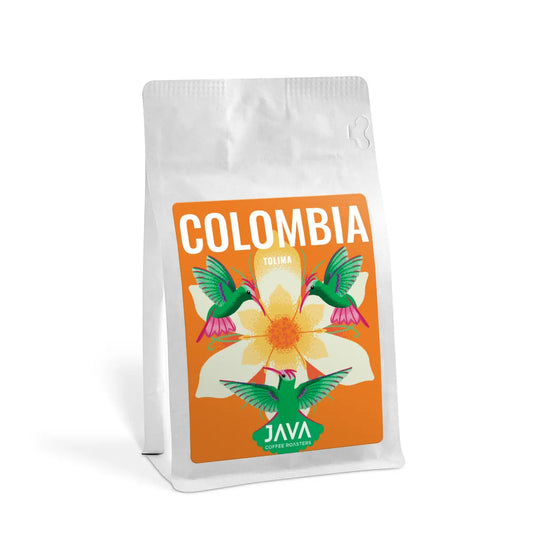 Opakowanie kawy Colombia Tolima JAVA Coffee Roasters 250g – jasno palone ziarna specialty z Kolumbii, pomarańczowa etykieta z kolibrami i kwiatem wanilii