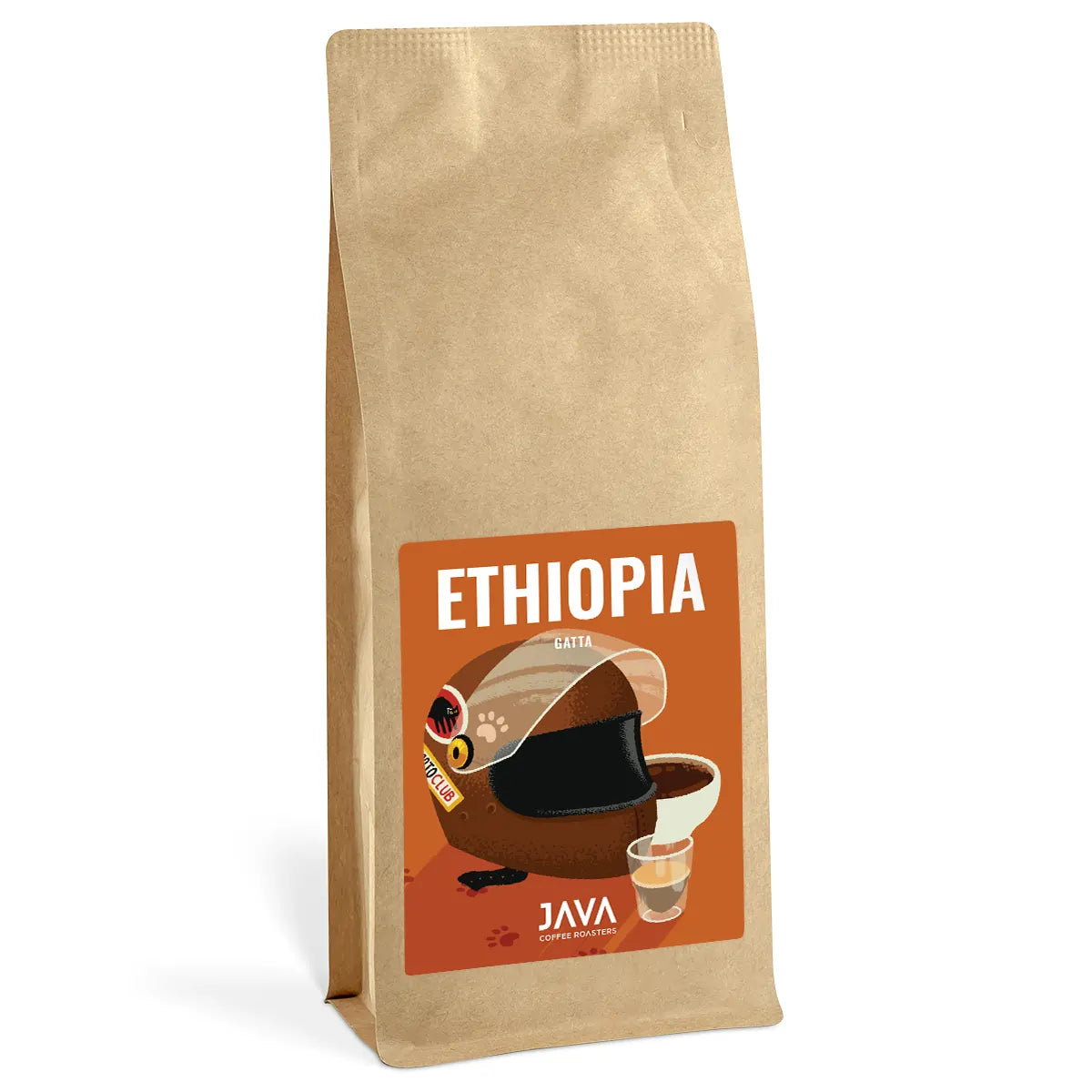 Opakowanie kawy ziarnistej Ethiopia Gatta 1 kg od JAVA Coffee Roasters – kraftowa torebka z ilustracją filiżanki, kawa specialty z Etiopii