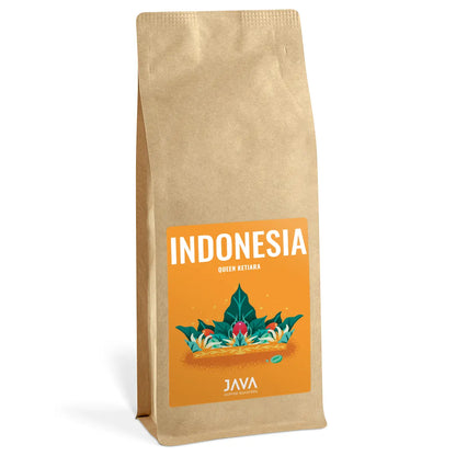 Opakowanie 1 kg kawy specialty Indonesia Queen Ketiara od JAVA Coffee Roasters – pomarańczowa etykieta z motywem korony i liści kawowca.