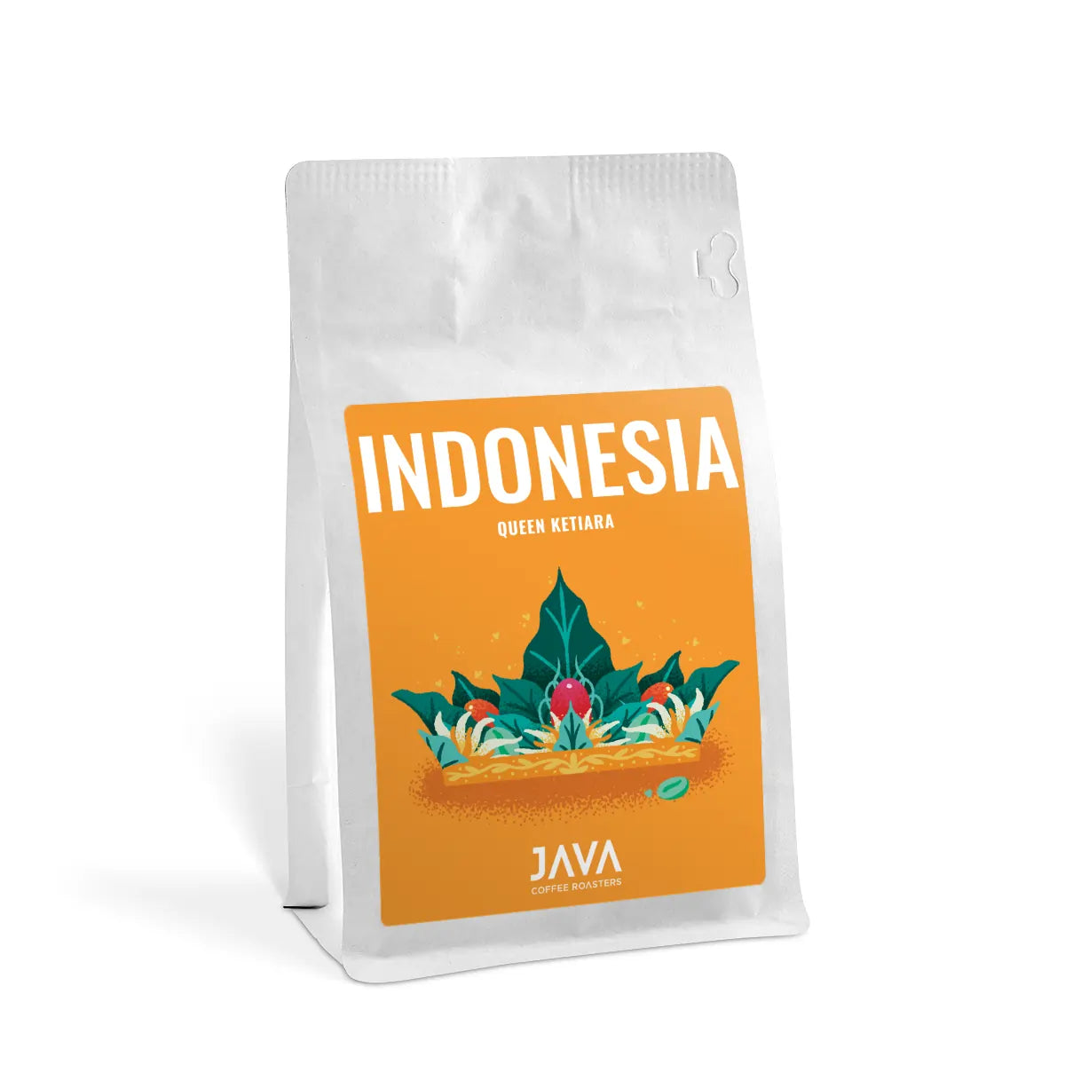 Opakowanie kawy specialty Indonesia Queen Ketiara od JAVA Coffee Roasters – 250g, jasno pomarańczowa etykieta z ilustracją korony i liści kawowca.