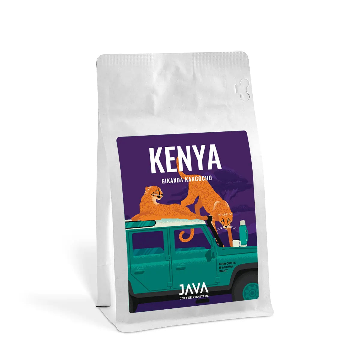 Kawa ziarnista Kenya Gikanda Kangocoho 250 g od JAVA Coffee Roasters – packshot opakowania kawy na białym tle, przód opakowania.