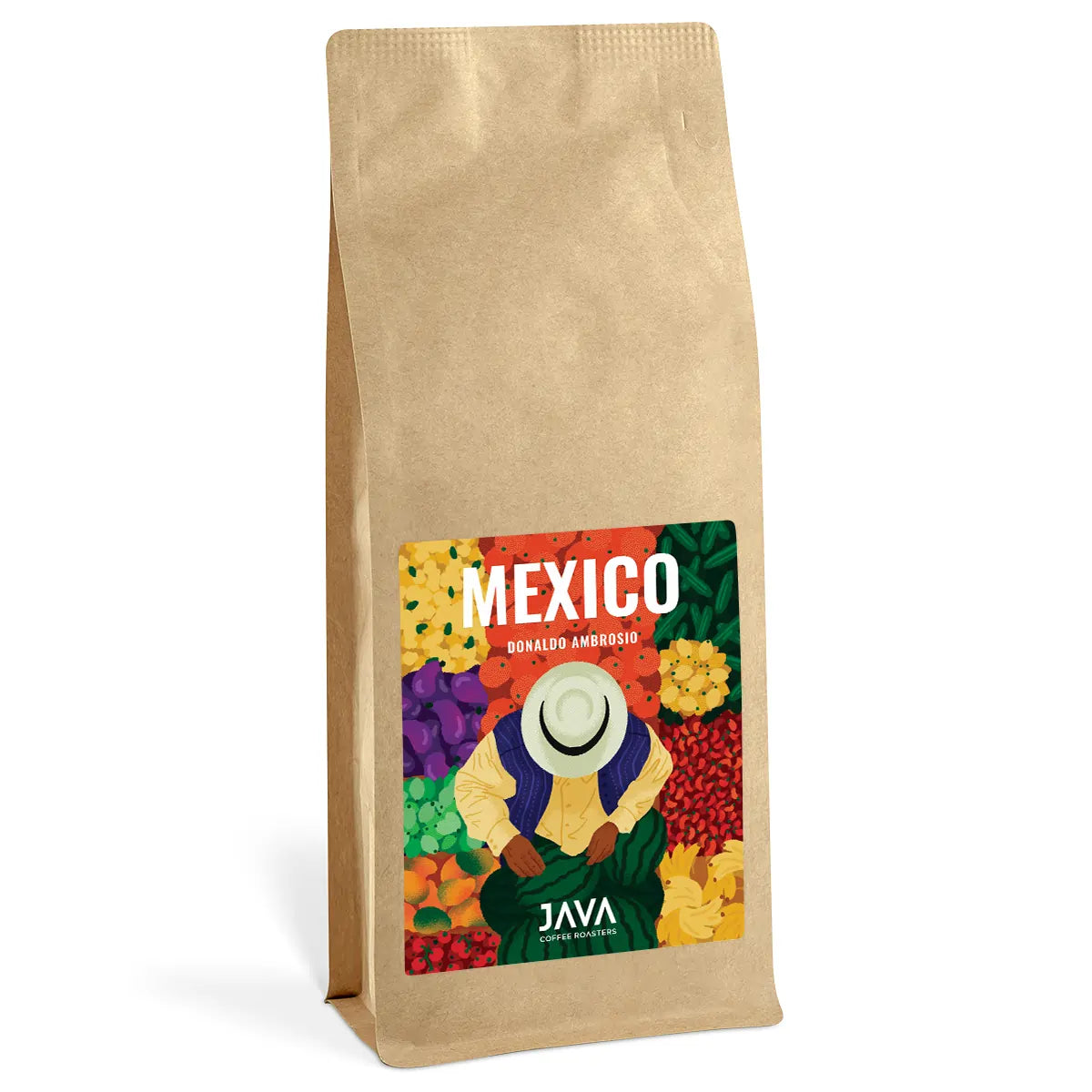 Kawa specialty Mexico Donaldo Ambrosio od JAVA Coffee Roasters – jasno palona kawa ziarnista do metod przelewowych, opakowanie 1 kg w papierowej torbie kraft.