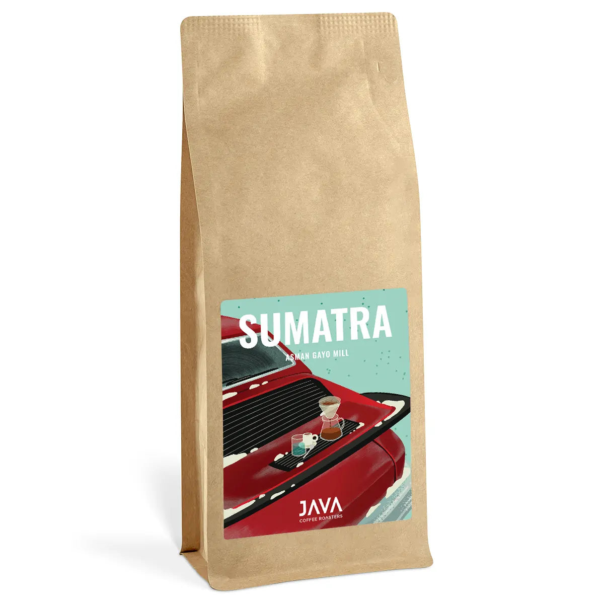 Kawa specialty Sumatra Asman Gayo Mill 1 kg – opakowanie JAVA Coffee Roasters w papierowej torbie z autorską etykietą