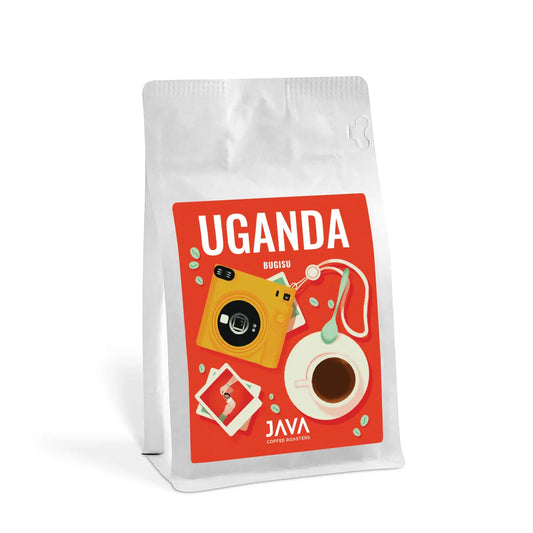 Opakowanie kawy ziarnistej JAVA Coffee Uganda Bugisu 250g – jasno wypalana arabika z nutami brzoskwini, moreli i orzecha laskowego.