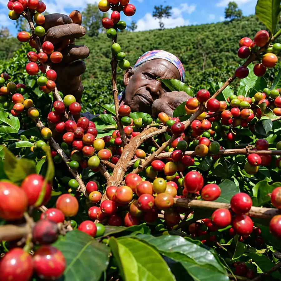 Ręczny zbiór dojrzałych wiśni kawowych na plantacji Kenya Kiamabara – farmer selekcjonujący owoce kawowca w Kenii