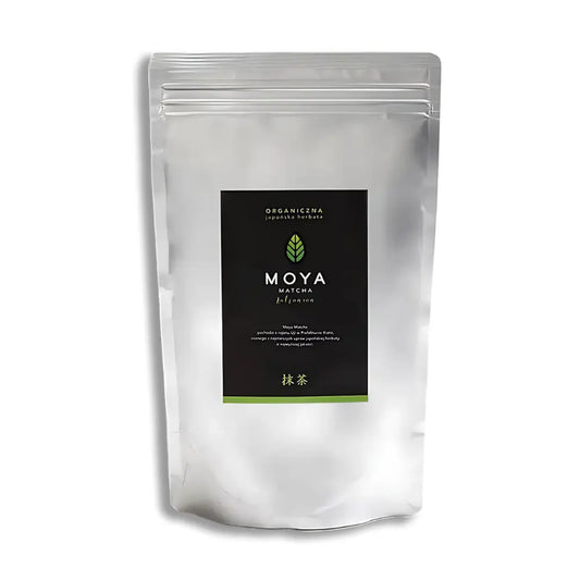 Opakowanie 250g organicznej matchy kulinarnej Moya – japońska herbata w proszku do profesjonalnych zastosowań gastronomicznych