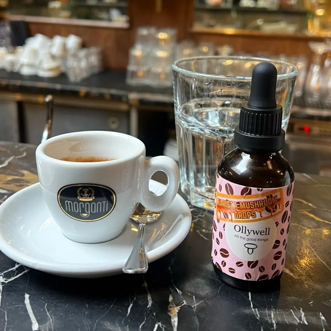 Ollywell Barista Mushroom Drops – grzybowe krople do kawy podane z espresso