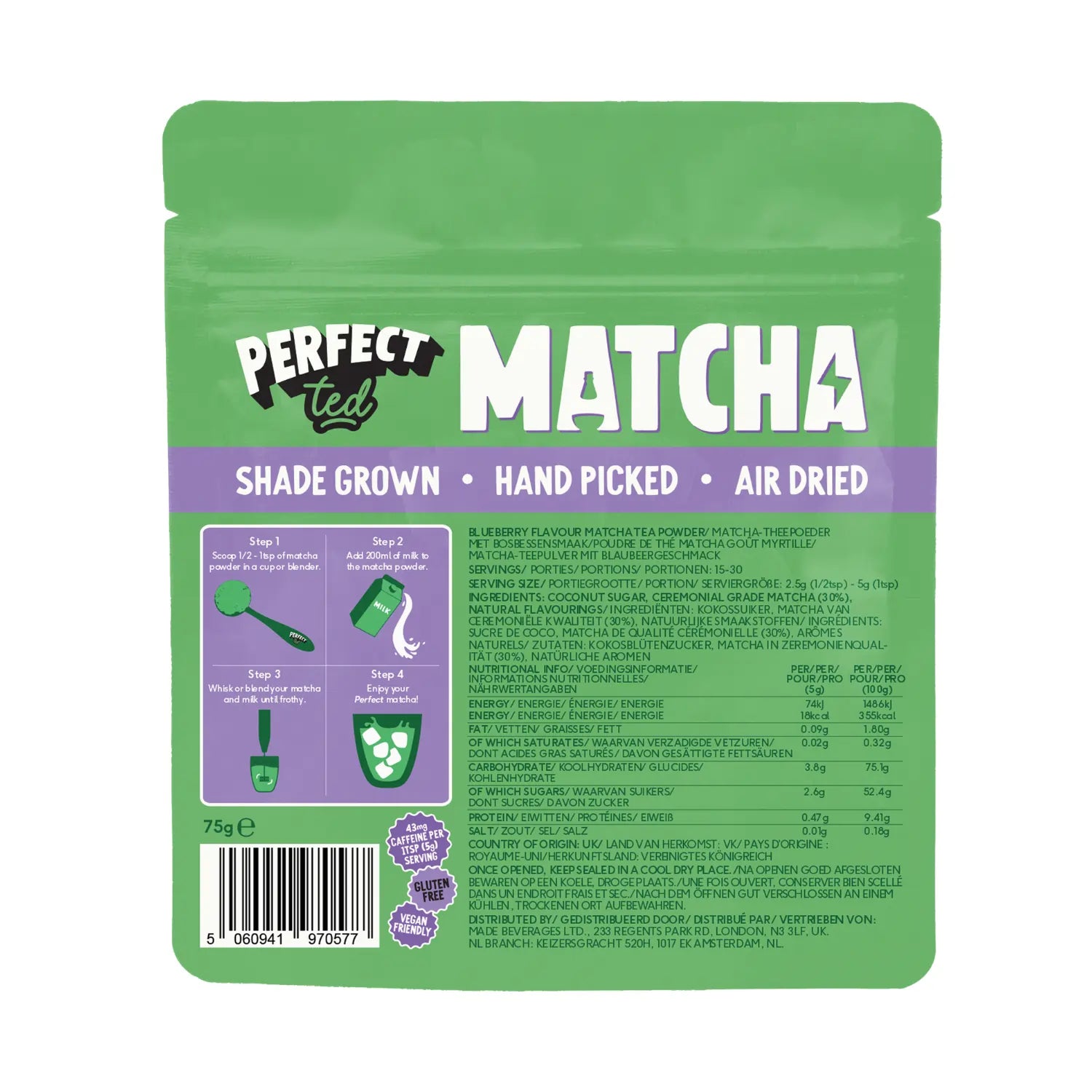 PerfectTed blueberry matcha 75g – tył opakowania, sposób przygotowania matcha, wartości odżywcze i skład produktu