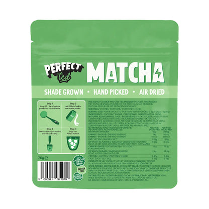 PerfectTed matcha ceremonial grade 75g pistacjowa – tył opakowania, instrukcja przygotowania matcha krok po kroku, skład i informacje o produkcie