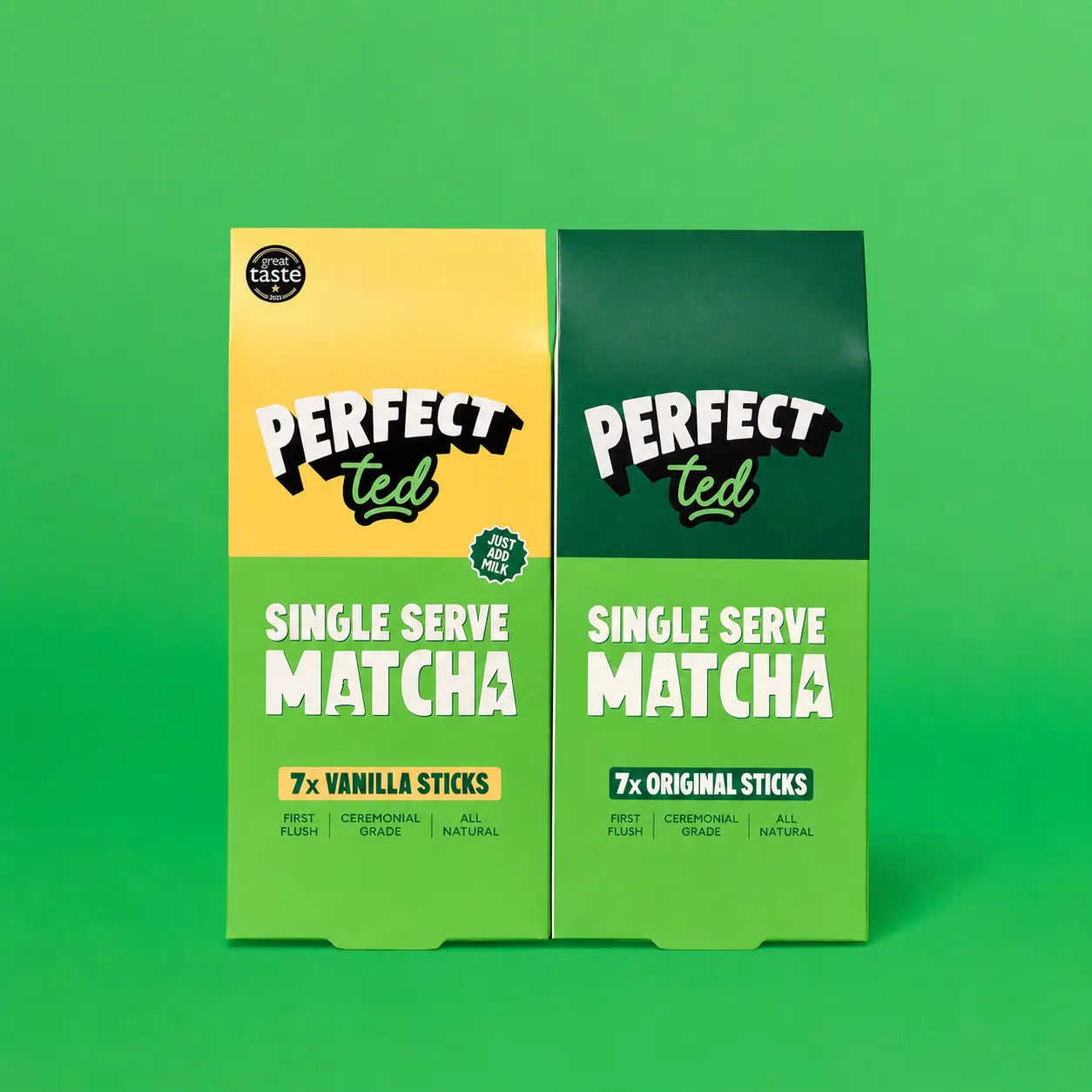PerfectTed matcha sticks 7x – zestaw vanilla i original, single serve matcha ceremonial grade, dwa opakowania na zielonym tle