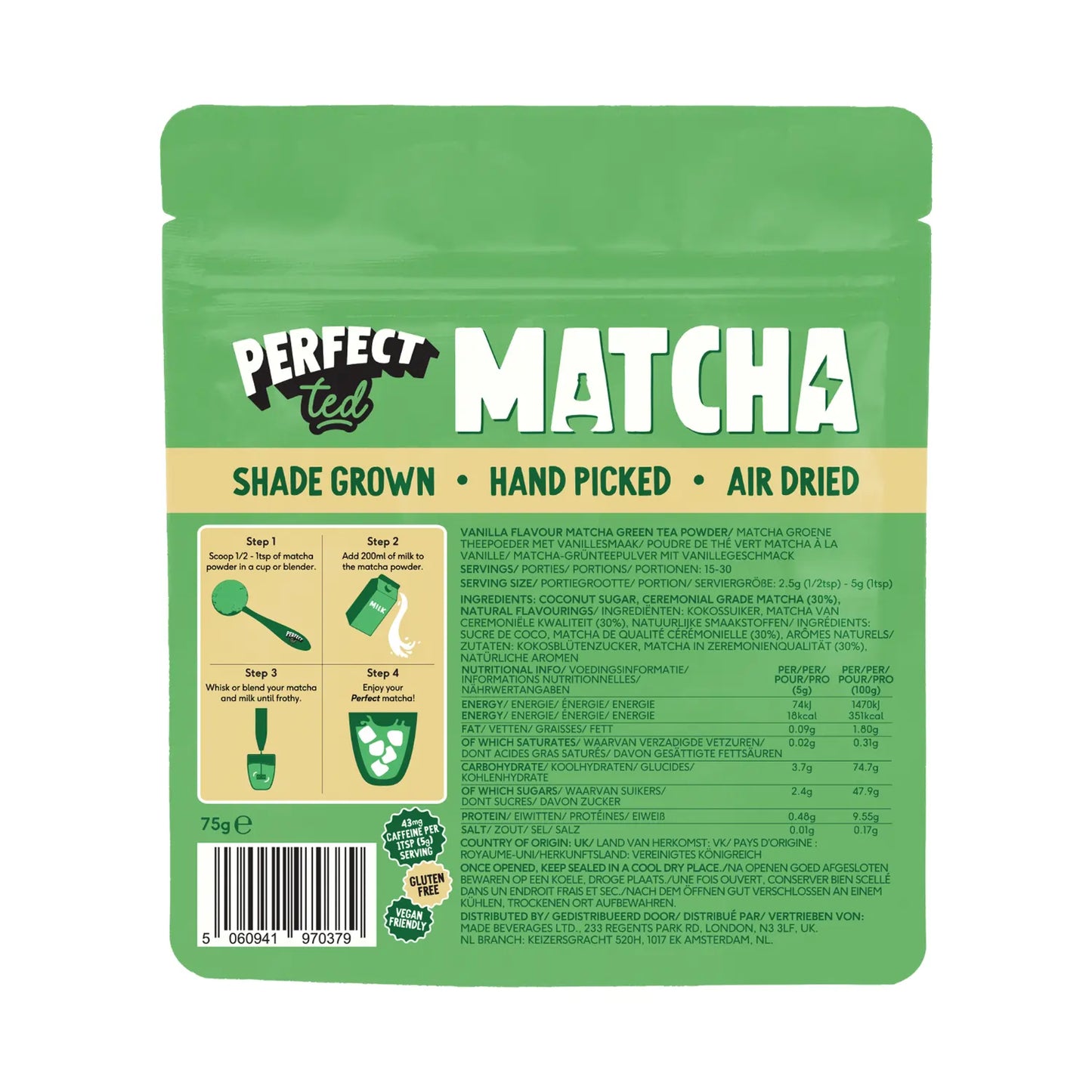 PerfectTed vanilla matcha 75g – tył opakowania, sposób przygotowania matcha, skład i wartości odżywcze produktu