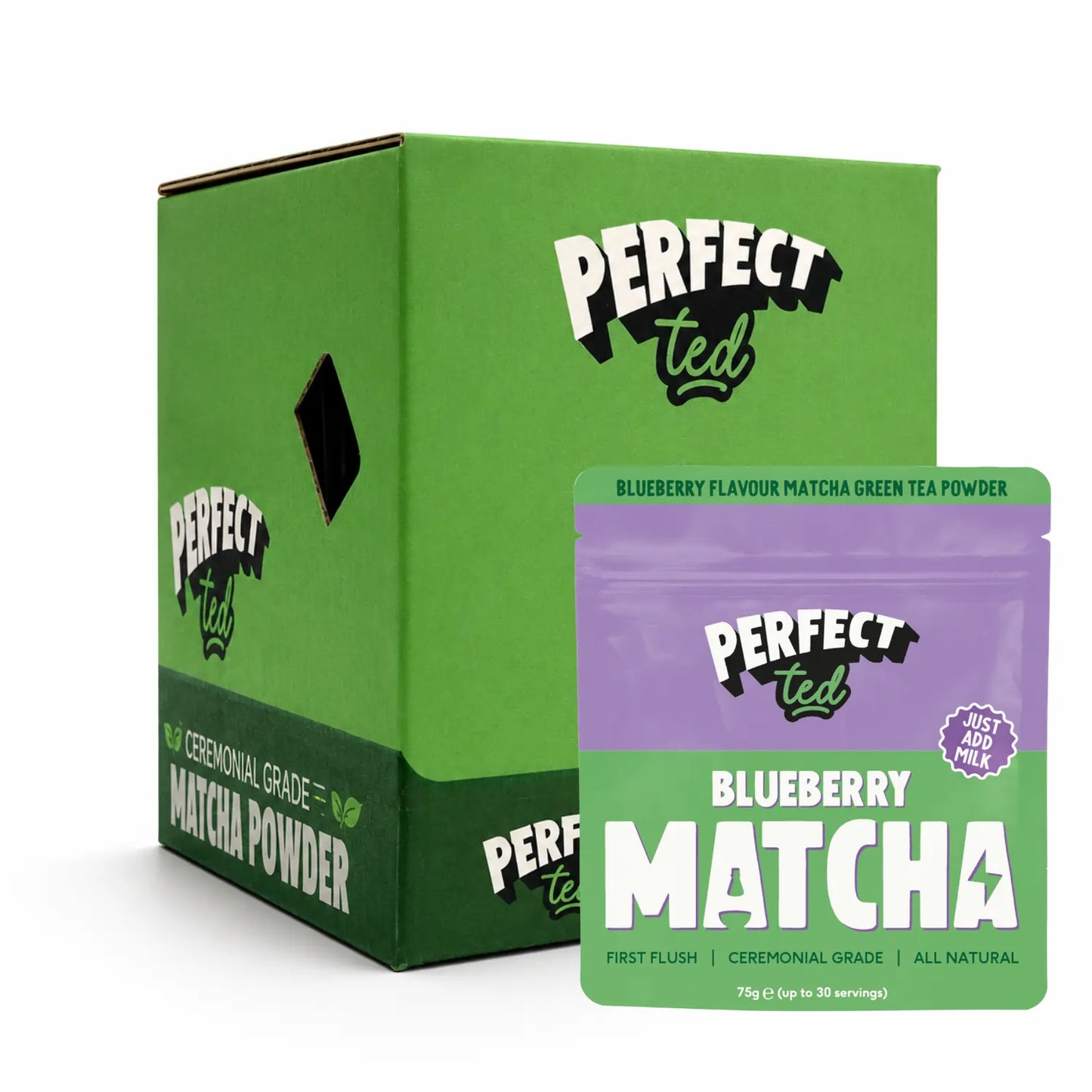 PerfectTed Blueberry Matcha 75 g – ceremonialna matcha o smaku jagodowym, opakowanie detaliczne i karton zbiorczy B2B na białym tle