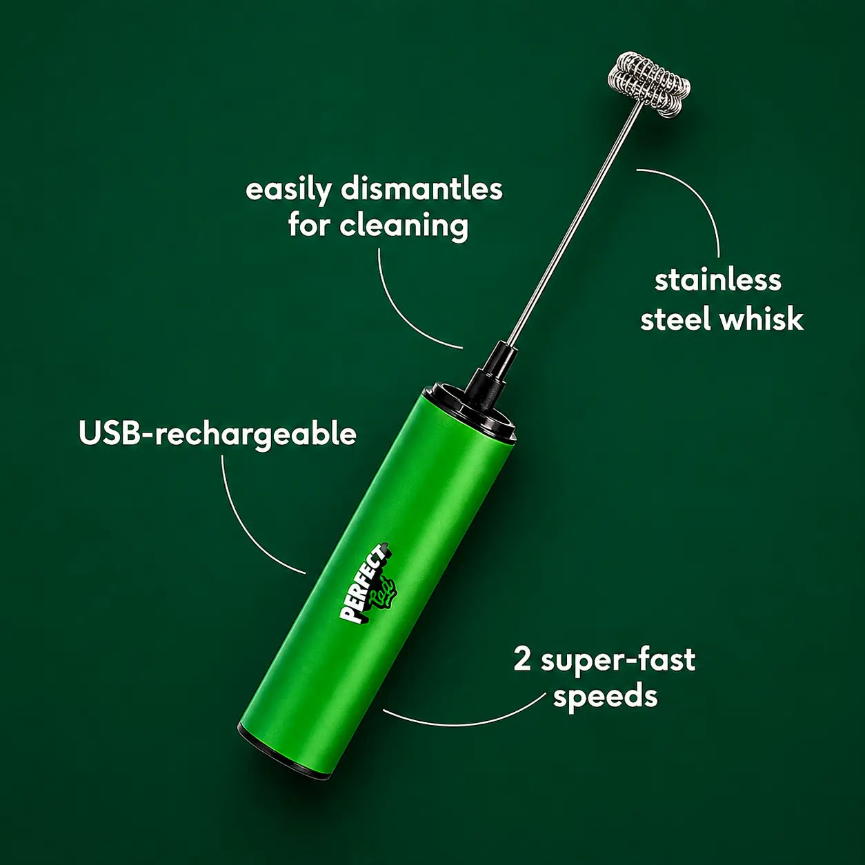 PerfectTed elektryczny spieniacz do matchy USB – ręczny spieniacz ze stali nierdzewnej, ładowany USB, z dwoma prędkościami mieszania