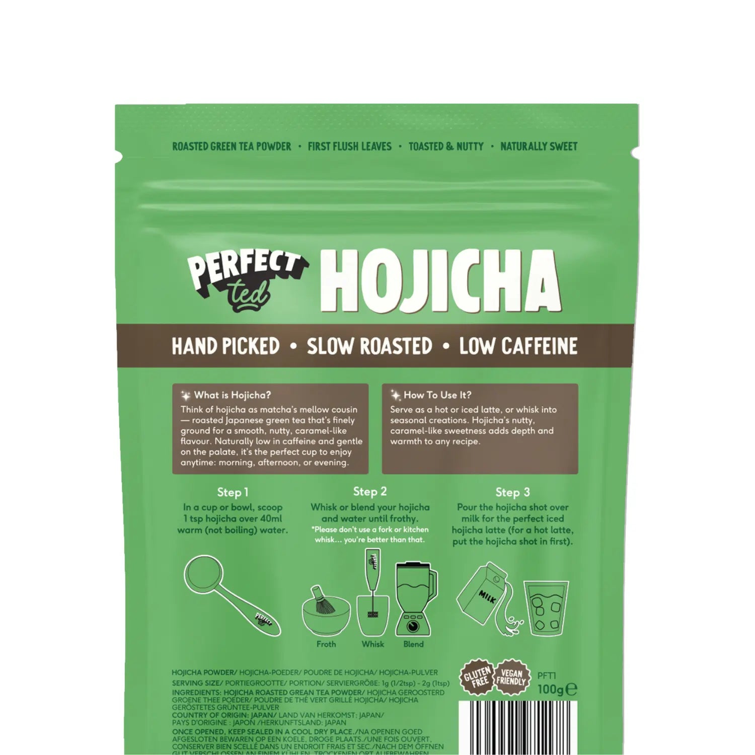 PerfectTed Hojicha 100 g – tył opakowania z instrukcją przygotowania, opisem produktu i informacjami o prażonej zielonej herbacie hojicha