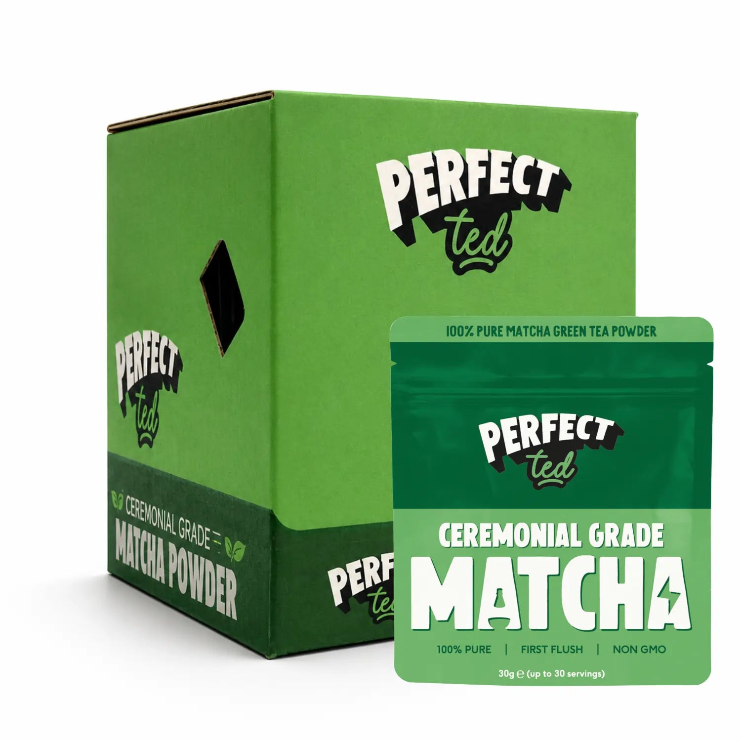 PerfectTed Matcha 30 g – ceremonialna matcha premium, opakowanie detaliczne i karton zbiorczy B2B na białym tle