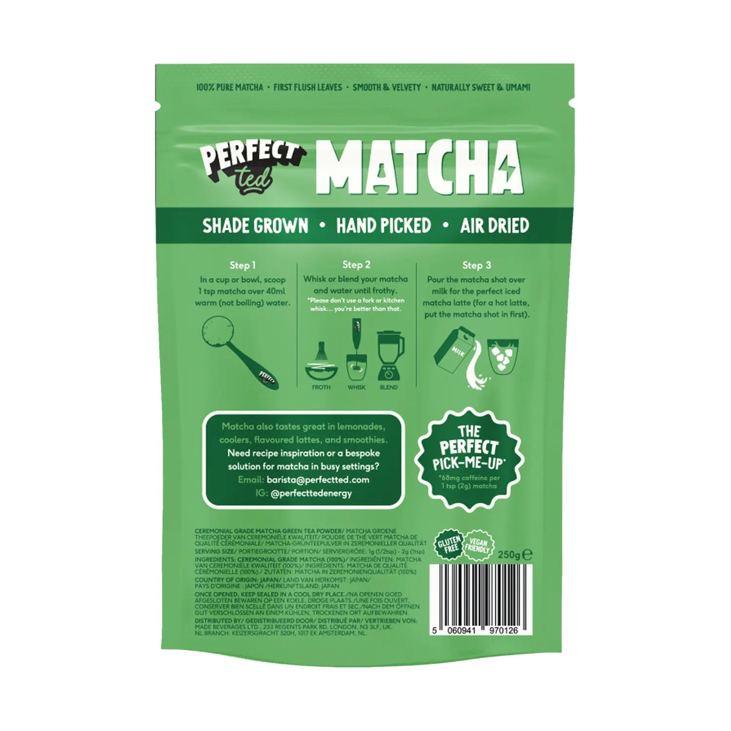 PerfectTed Matcha Ceremonial Grade 250 g – tył opakowania z instrukcją przygotowania, informacjami o produkcie i wartościami użytkowymi
