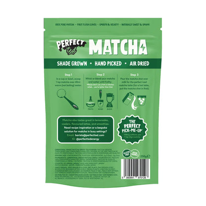 PerfectTed Matcha Ceremonial Grade 250 g – tył opakowania z instrukcją przygotowania, informacjami o produkcie i wartościami użytkowymi