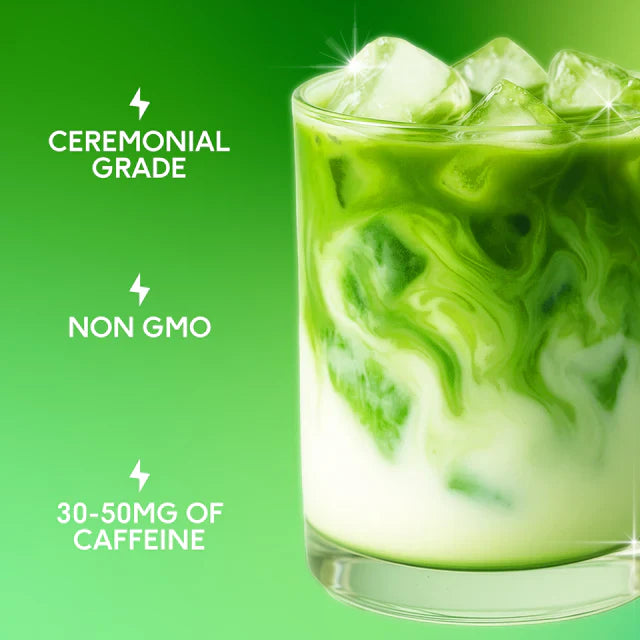 PerfectTed Matcha Ceremonial Grade – iced matcha latte z informacją o jakości ceremonialnej, non GMO i naturalnej zawartości kofeiny 30–50 mg