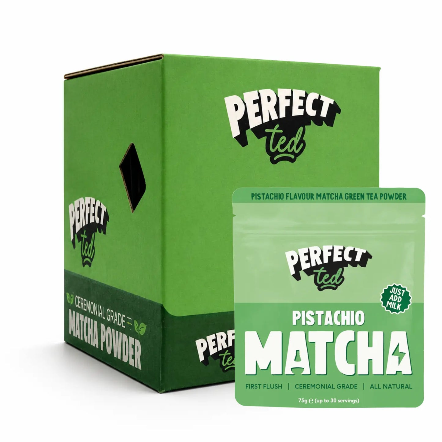 PerfectTed Pistachio Matcha 75 g – ceremonialna matcha o smaku pistacjowym, opakowanie detaliczne i karton zbiorczy B2B na białym tle
