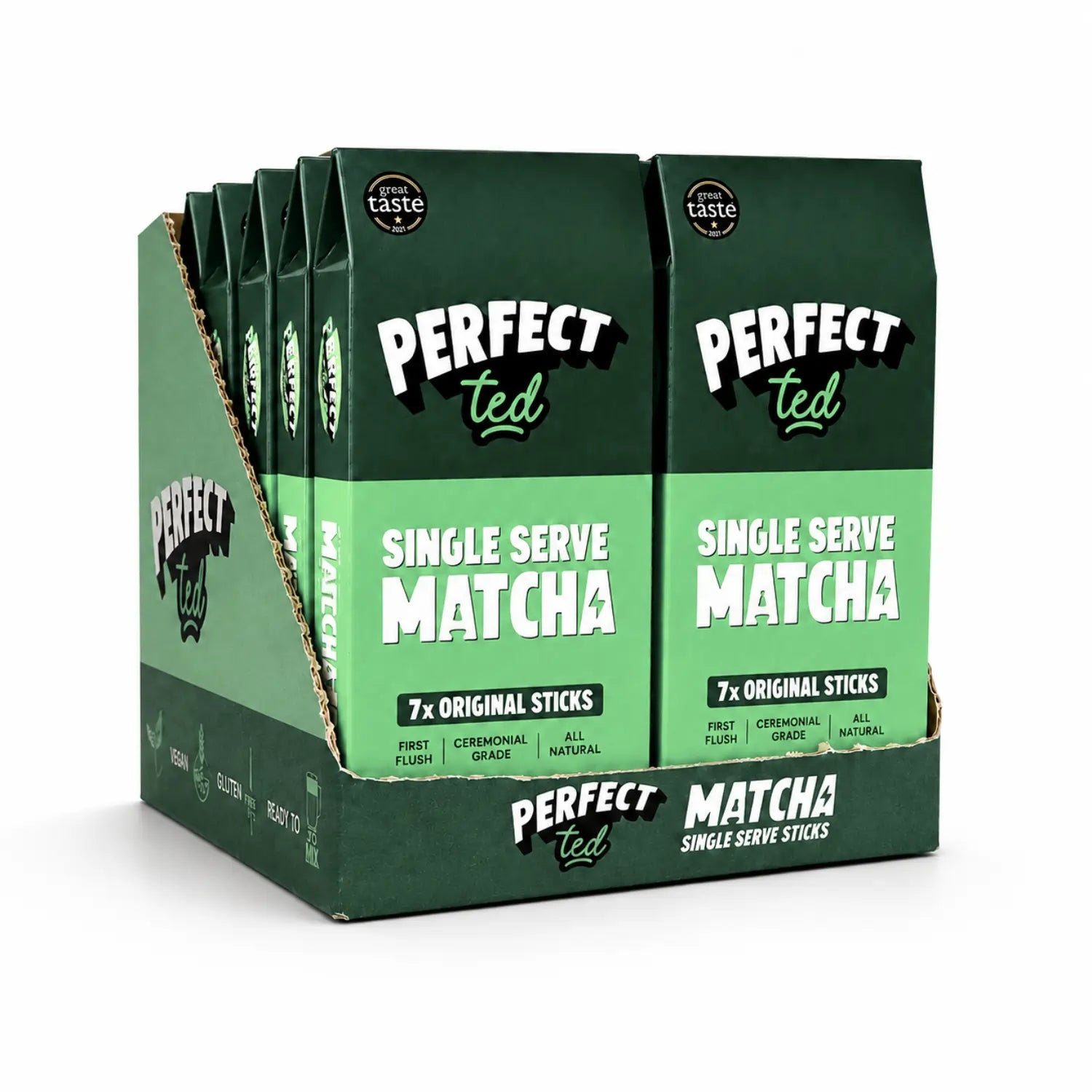 PerfectTed Single Serve Matcha 7x Original Sticks – ekspozytor B2B z saszetkami ceremonialnej matchy na białym tle