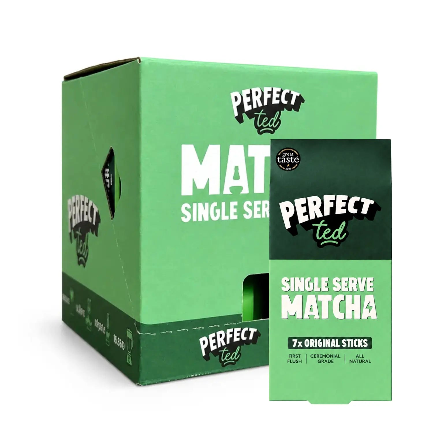 PerfectTed Single Serve Matcha 7x sticks – ceremonialna matcha w saszetkach, opakowanie detaliczne i karton zbiorczy B2B na białym tle