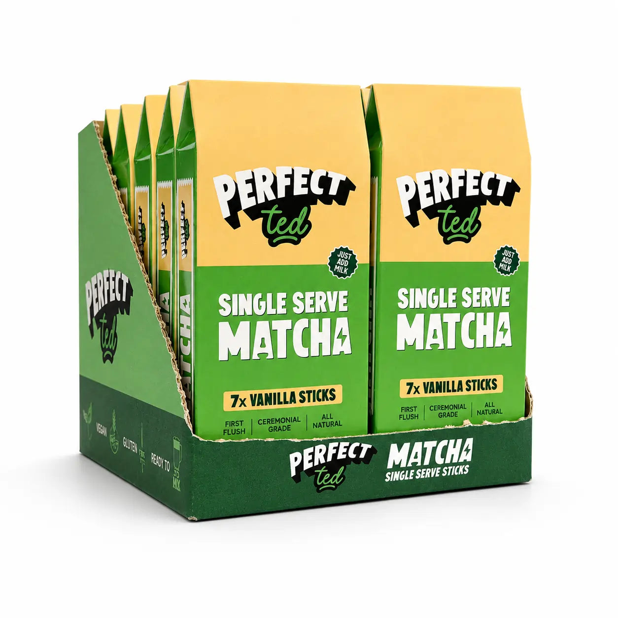PerfectTed Single Serve Matcha Vanilla 7x sticks – ekspozytor B2B z saszetkami ceremonialnej matchy waniliowej na białym tle