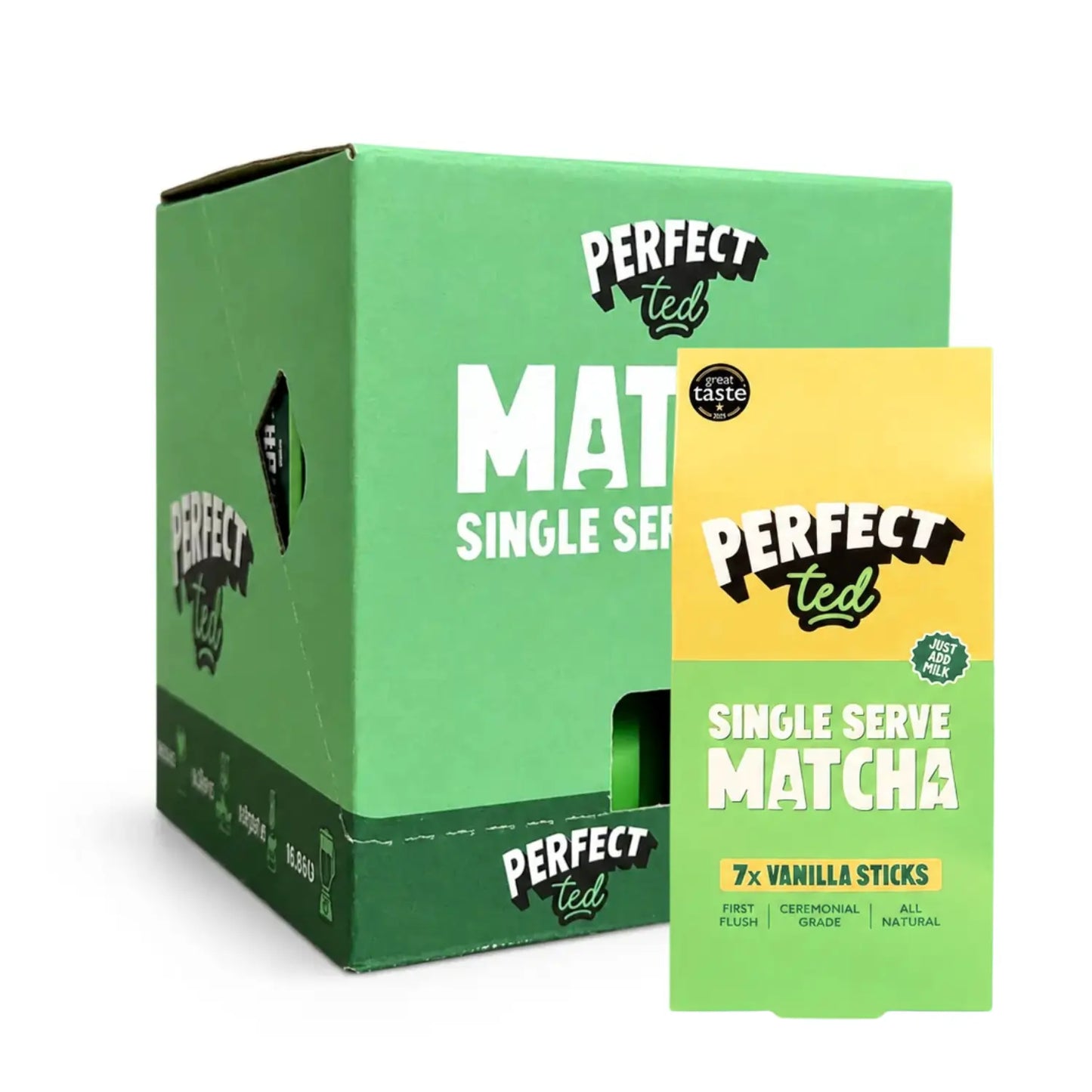 PerfectTed Single Serve Matcha Vanilla 7x sticks – ceremonialna matcha waniliowa w saszetkach, opakowanie detaliczne i karton zbiorczy B2B na białym tle