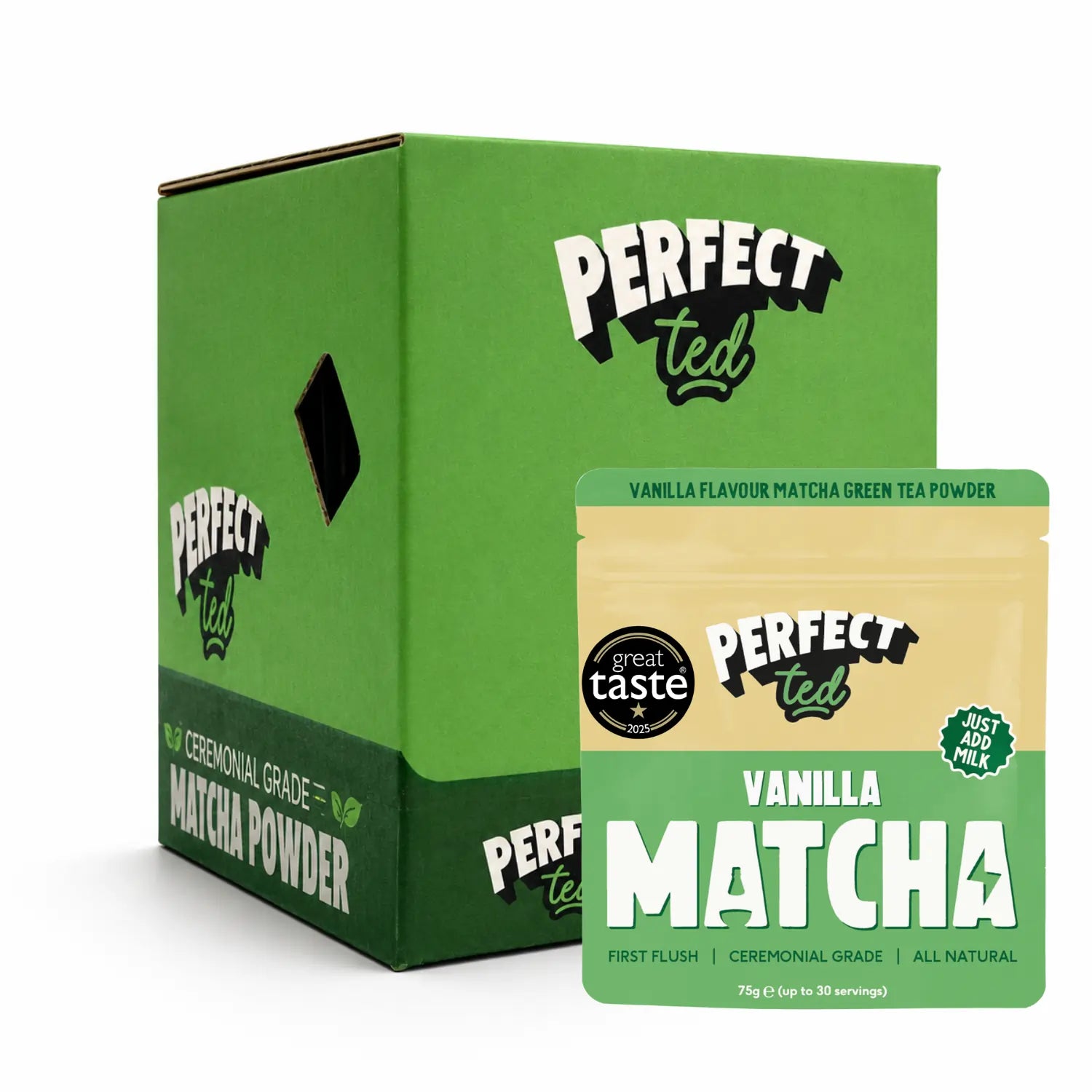 PerfectTed Vanilla Matcha 75 g – ceremonialna matcha o smaku waniliowym, opakowanie detaliczne i karton zbiorczy B2B na białym tle