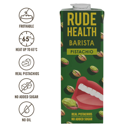 Napój roślinny Rude Health Barista Pistachio 1L w zielonym kartonie z grafiką pistacji i ust, z ikonami informującymi o spienianiu, braku cukru, oleju i zawartości prawdziwych pistacji.