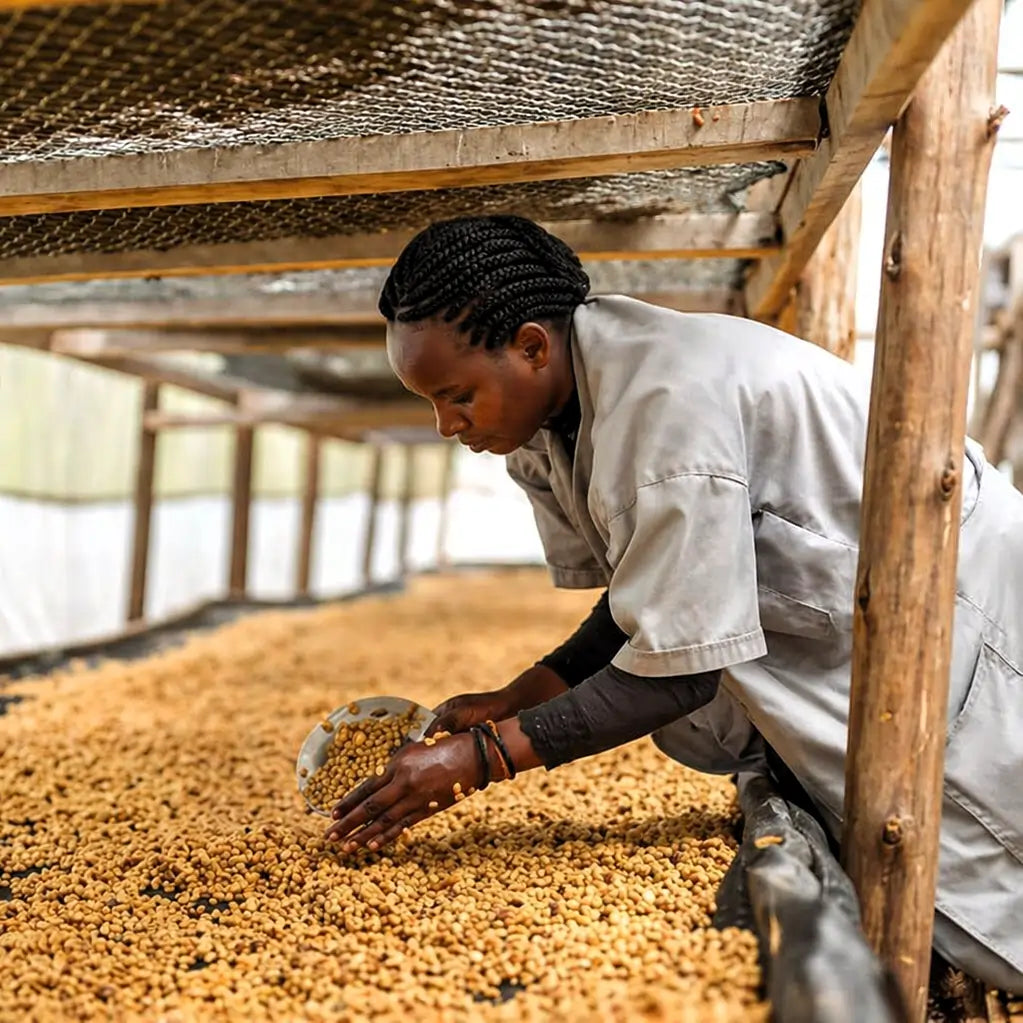Suszenie ziaren kawy specialty Rwanda Gitoki na stołach afrykańskich podczas obróbki po zbiorach
