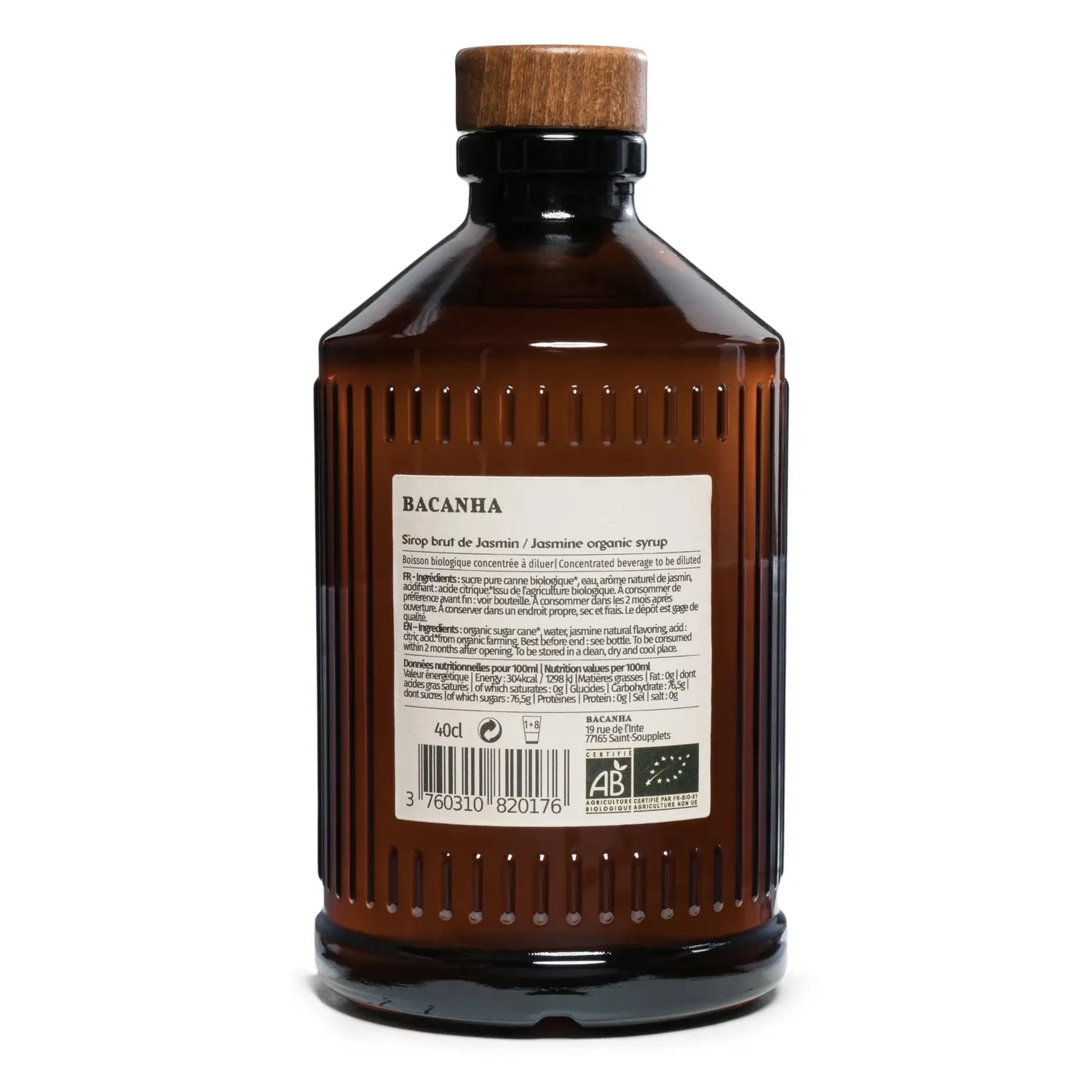 Tył butelki syropu Bacanha Jasmin 400 ml – etykieta z informacjami i składem
