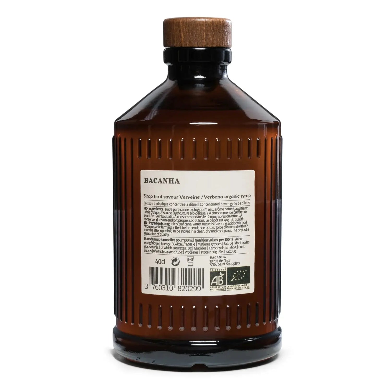 Syrop Bacanha Verveine Organic 400 ml – tylna etykieta, skład i wartości odżywcze, syrop werbena dla gastronomii