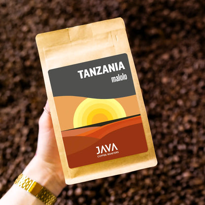 Kawa Tanzania Malolo od JAVA Coffee Roasters trzymana w dłoni na tle ziaren kawy