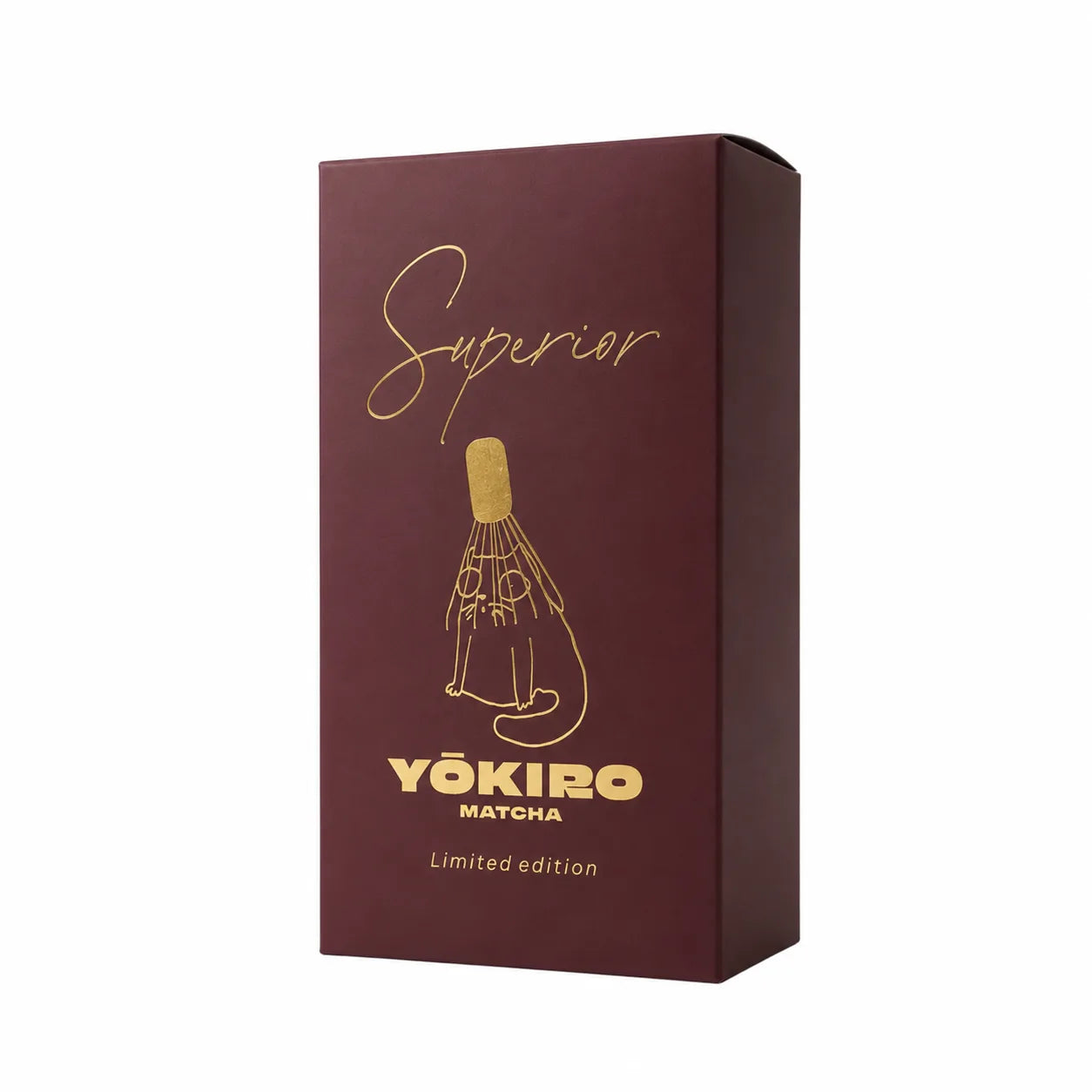 Yokiro Matcha Superior Limited Edition – premium opakowanie ceremonialnej matchy z aksamitnym matowym wykończeniem soft touch i złotym tłoczeniem, luksusowy design inspirowany japońską estetyką.